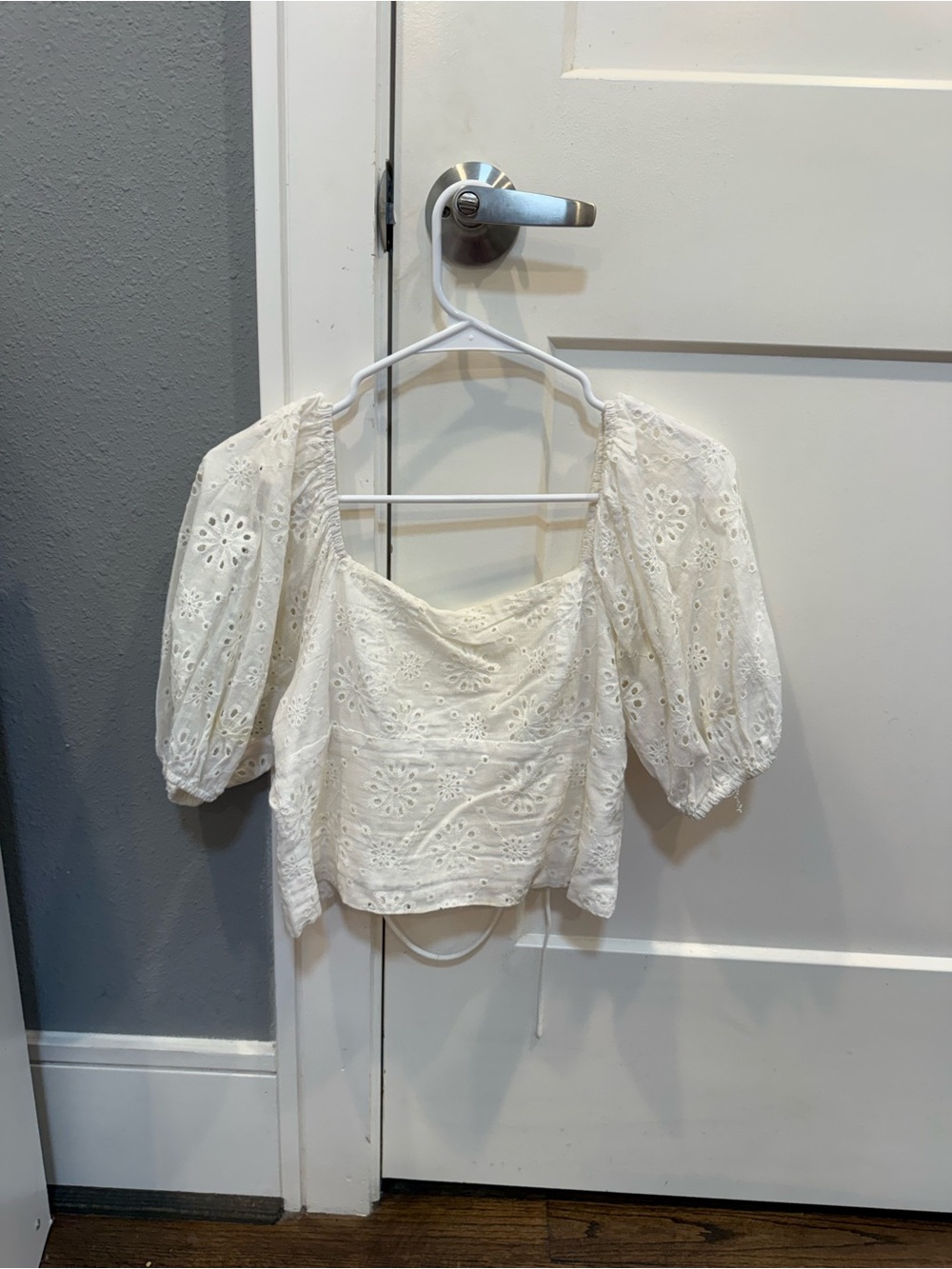White Eyelet Puff-Sleeve Square-Neck Top